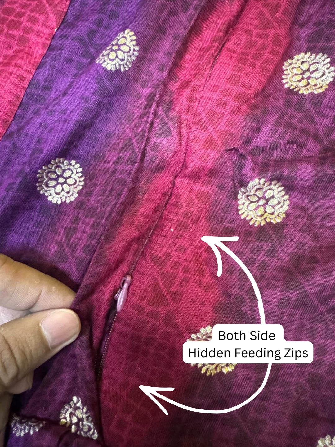 Gold Flower - Purple Maroon  - Maternity Kurti with Feeding Zips - Soft Rayon