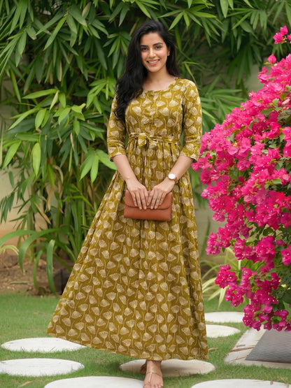 Senna Flower - Yellow - Maternity Kurti with Feeding Zips - Cotton Flex - Thicker Fabric