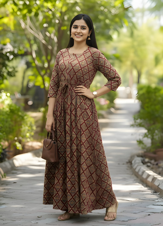 Dessert Flower - Red - Maternity Kurti with Feeding Zips - Cotton Flex - Thicker Fabric