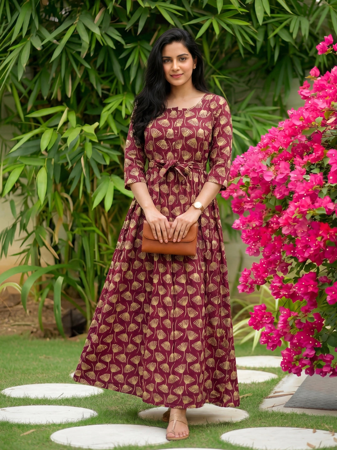 Senna Flower - Maroon - Maternity Kurti with Feeding Zips - Cotton Flex - Thicker Fabric