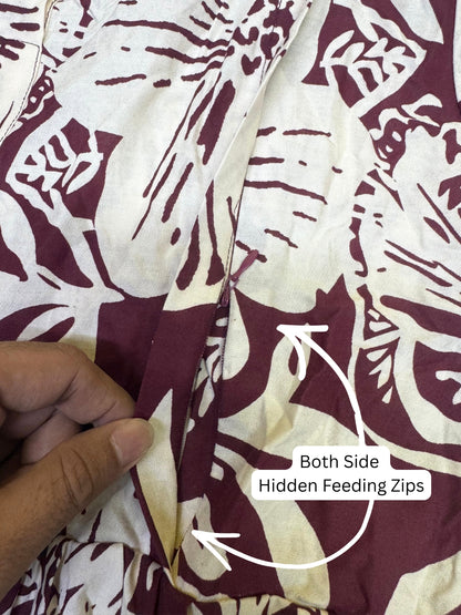 Hibiscus - Maroon White - Maternity Kurti with Feeding Zips - Soft Rayon