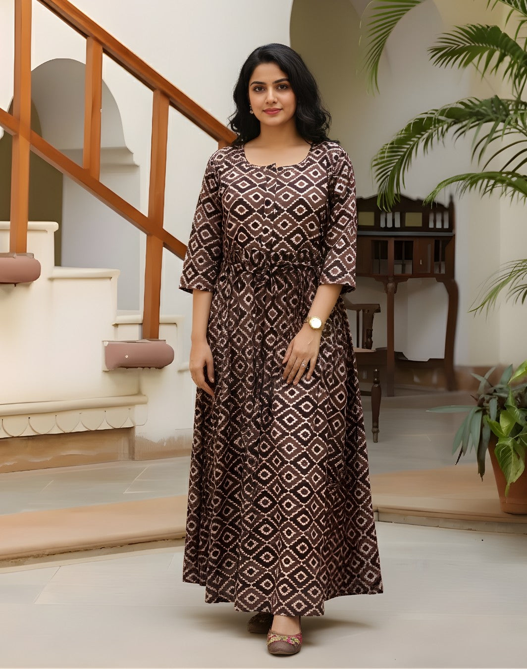 Purple Cream Square - Maternity Kurti with Feeding Zips - Cotton Flex - Thicker Fabric