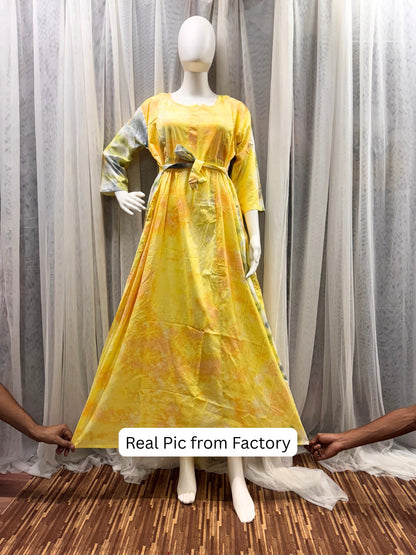Tye Dye - Yellow Grey - Maternity Kurti with Feeding Zips - Soft Rayon