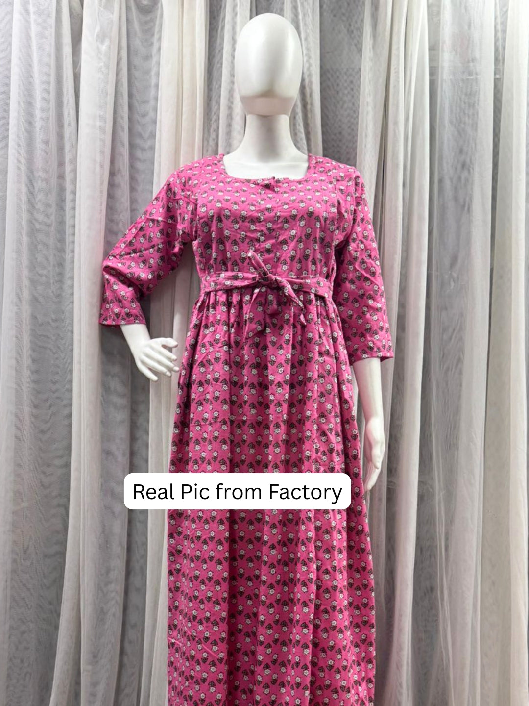 Pink Grey Flower - Maternity Dress with Feeding Zips - Pure Cotton