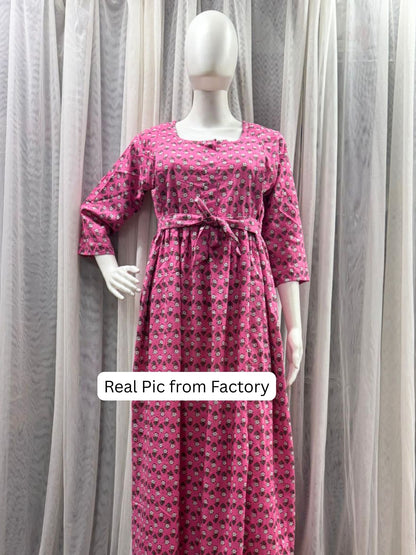 Pink Grey Flower - Maternity Dress with Feeding Zips - Pure Cotton