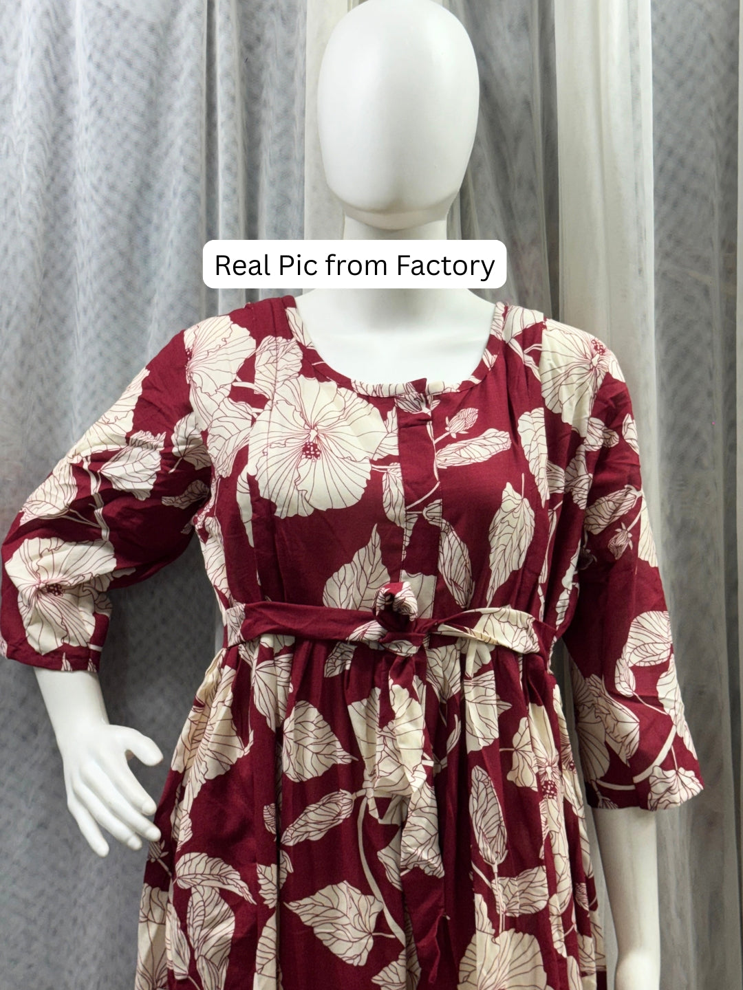 Hibiscus Maroon White - Maternity Dress with Feeding Zips - Soft Rayon