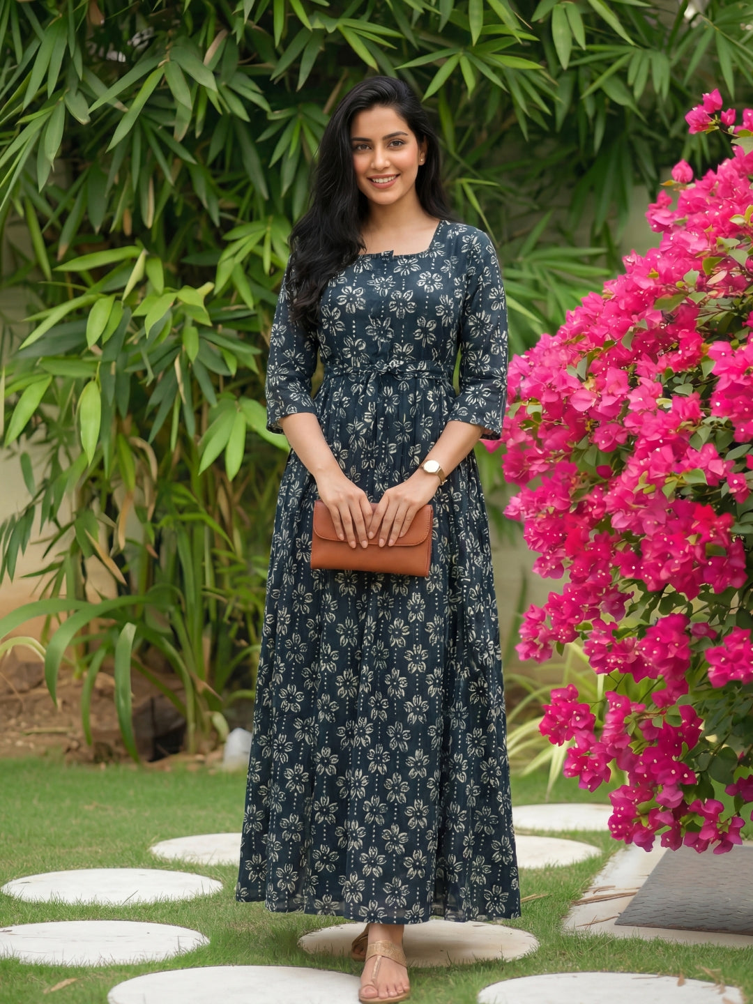 Iris Flower  - Peacock Blue - Maternity Kurti with Feeding Zips - Cotton Flex - Thicker Fabric