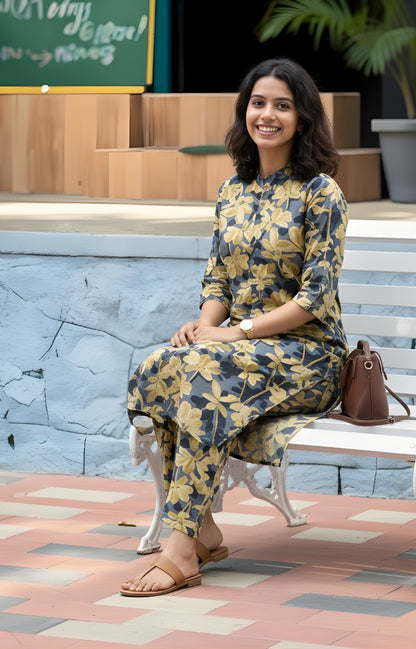 Knee Length - Blue Cream Jasmine - Cord Sets - Soft Rayon