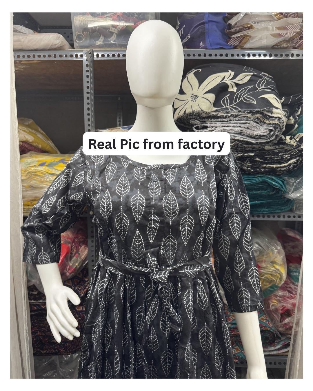 Black White Leaves - Maternity Kurti with Feeding Zips - Cambric Cotton