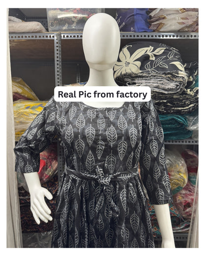 Black White Leaves - Maternity Kurti with Feeding Zips - Cambric Cotton