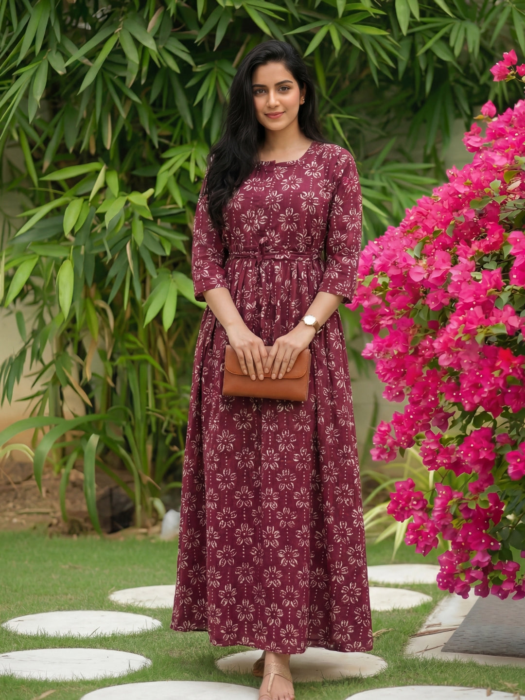 Iris Flower  - Wine - Maternity Kurti with Feeding Zips - Cotton Flex - Thicker Fabric