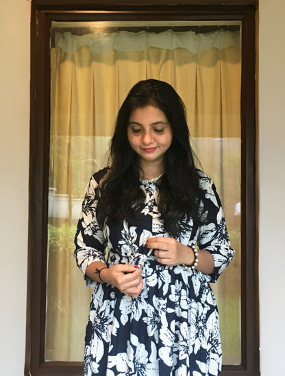 Hibiscus - Navy Blue - Maternity Kurti with Feeding Zips - Cotton Flex - Thicker Fabric