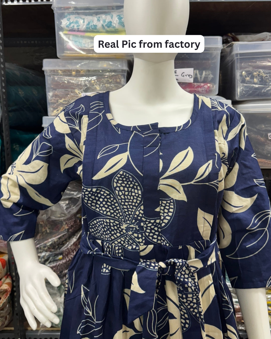 Lily flower Blue - Maternity Kurti with Feeding Zips - Cotton Flex - Thicker Fabric