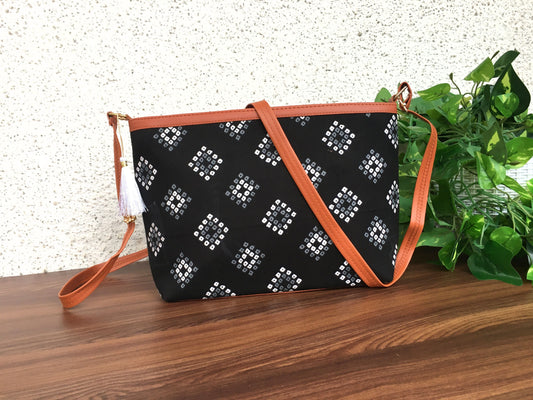 Minsk - 3 zip- Big size - Sling Bag - Black Square Bandhani