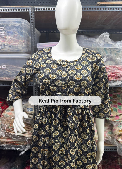 Sunflower - Black & Cream - Maternity Kurti with Feeding Zips - Cotton Flex - Thicker Fabric