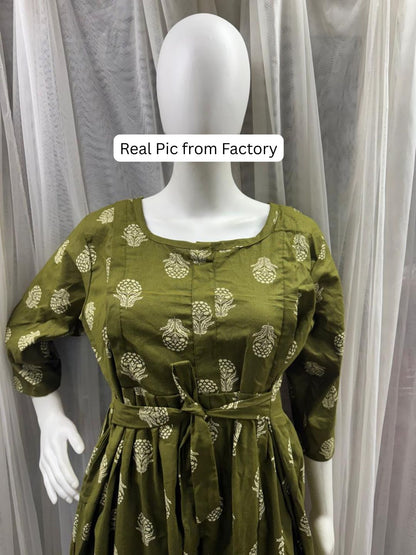 Rustic Flower - Green - Maternity Dress with Feeding Zips - Pure Cotton