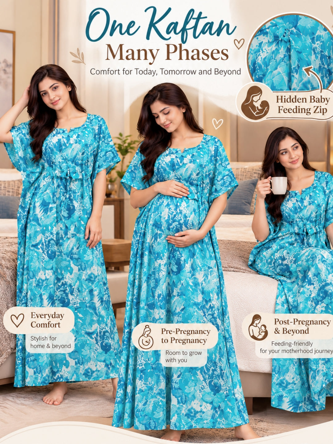 Kaftan - Tropical Sea Blue - Maternity  Feeding Zips - Free Size - Soft Rayon