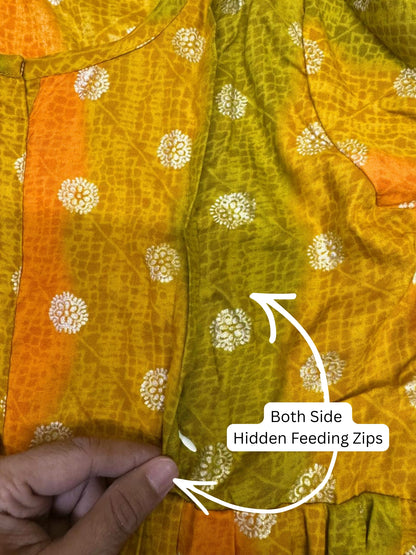 Gold Flower - Yellow  - Maternity Kurti with Feeding Zips - Soft Rayon
