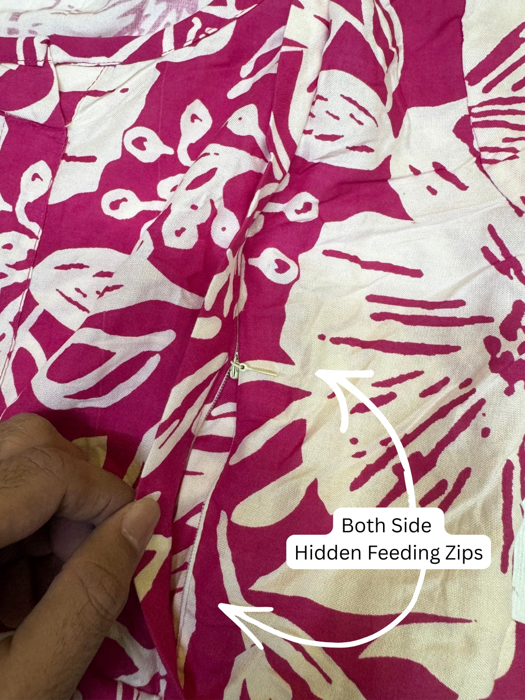 Hibiscus - Pink White - Maternity Kurti with Feeding Zips - Soft Rayon