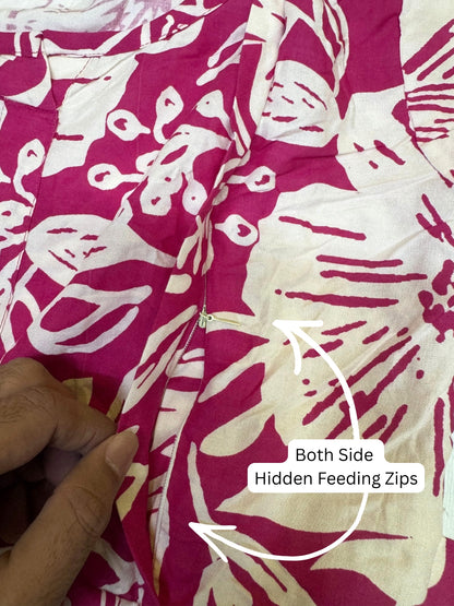 Hibiscus - Pink White - Maternity Kurti with Feeding Zips - Soft Rayon
