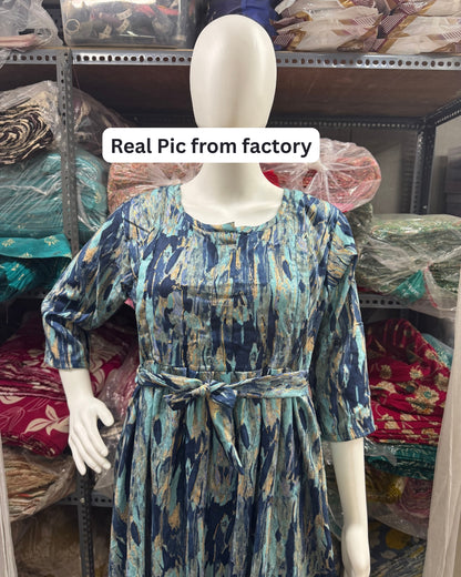 Acrylic Art - Blue - Maternity Kurti with Feeding Zips - Cotton Flex - Thicker Fabric