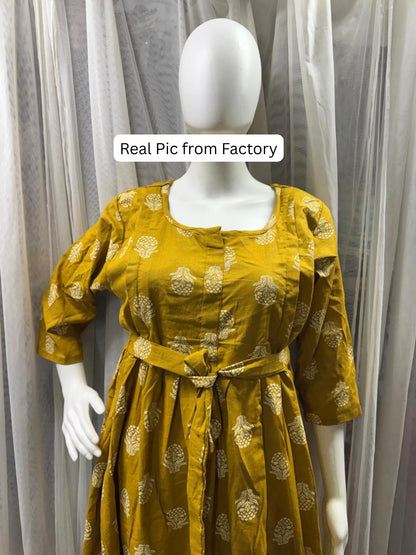 Rustic Flower - Mustard - Maternity Dress with Feeding Zips - Pure Cotton