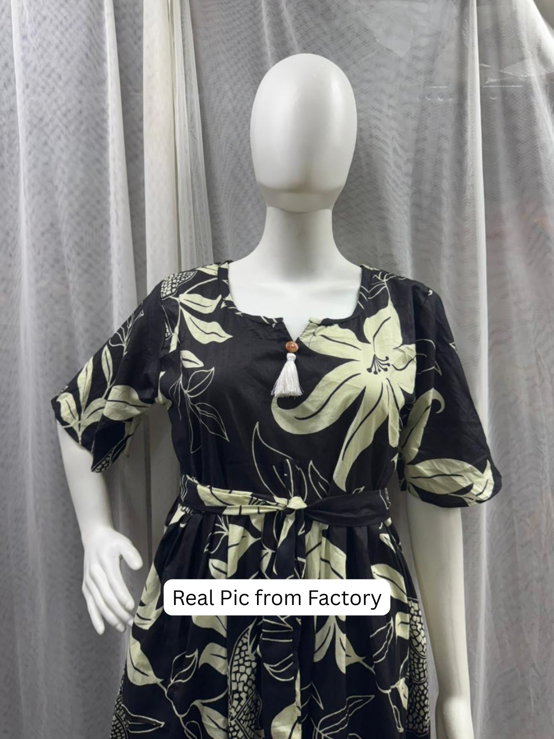Lily Flower Black - Short Sleeves Midi Dress -  Pure Cotton