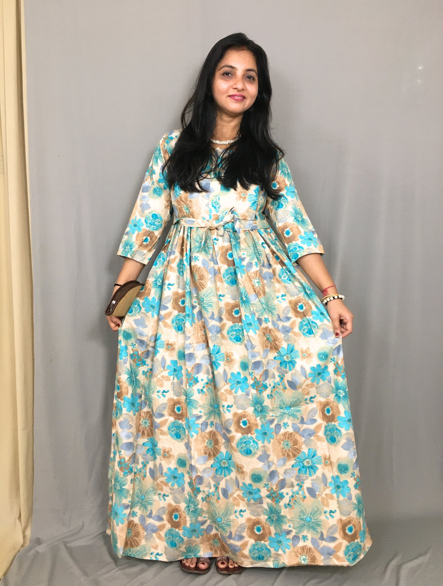 Daisy Sea Green & Brown - Maternity Kurti with Feeding Zips - Cotton Flex - Thicker Fabric