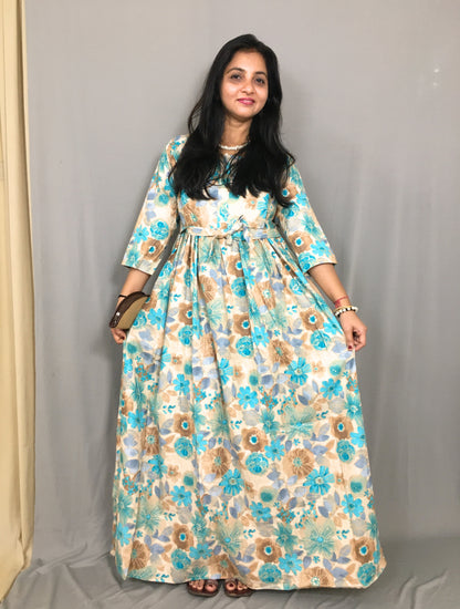 Daisy Sea Green & Brown - Maternity Kurti with Feeding Zips - Cotton Flex - Thicker Fabric