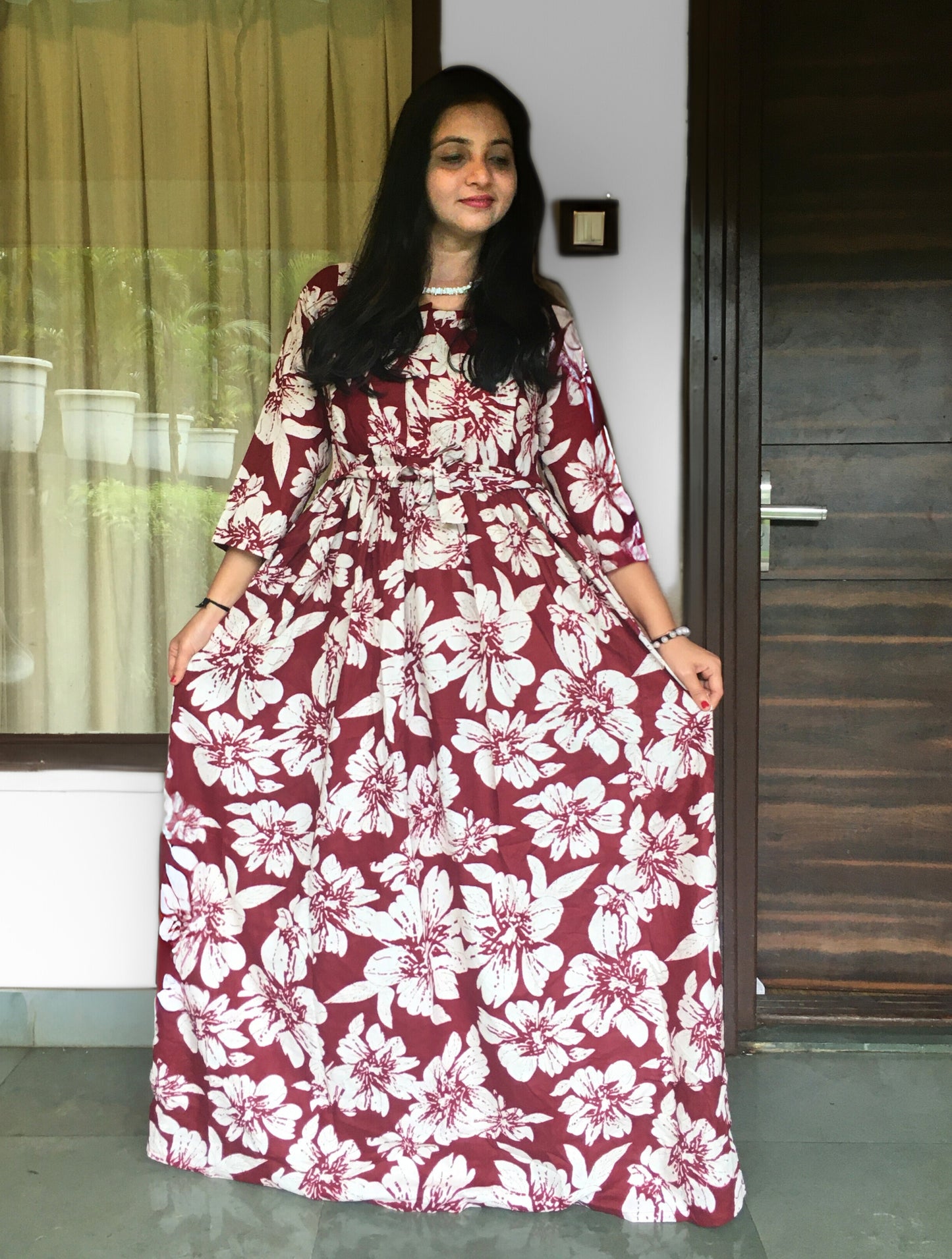Hibiscus - Maroon - Maternity Kurti with Feeding Zips - Cotton Flex - Thicker Fabric