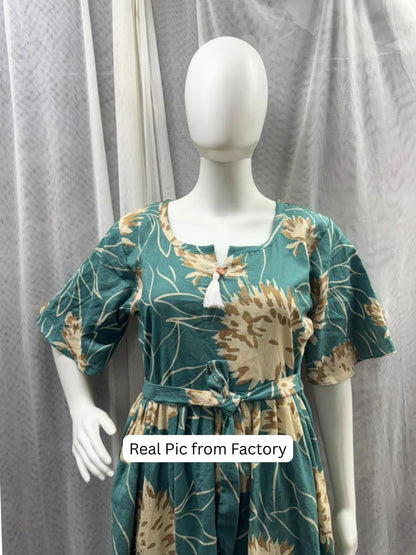 Turquoise Cream- Short Sleeves Midi Dress -  Pure Cotton