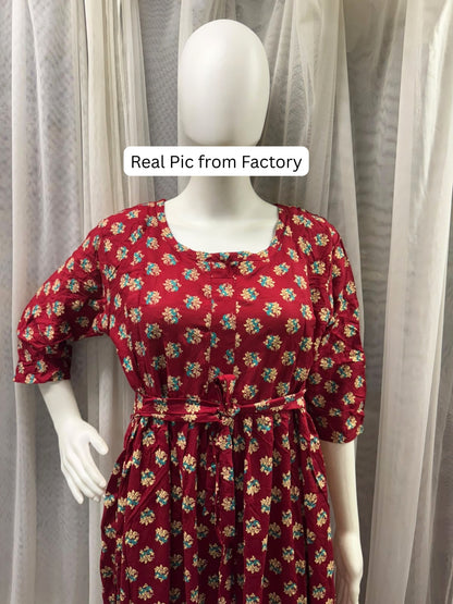 Curly Rose - Red - Maternity Dress with Feeding Zips - Soft Rayon
