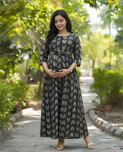 Arrow Print - Peacock Blue - Maternity Kurti with Feeding Zips - Cotton Flex - Thicker Fabric
