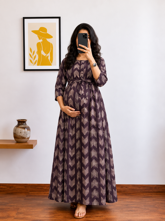 Arrow Print - Purple - Maternity Kurti with Feeding Zips - Cotton Flex - Thicker Fabric
