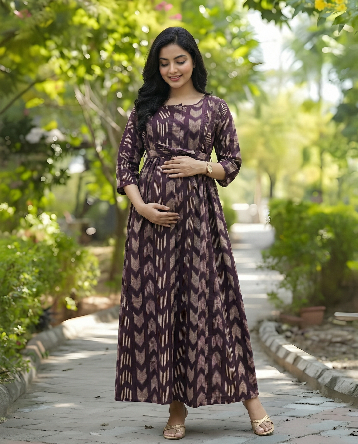 Arrow Print - Purple - Maternity Kurti with Feeding Zips - Cotton Flex - Thicker Fabric