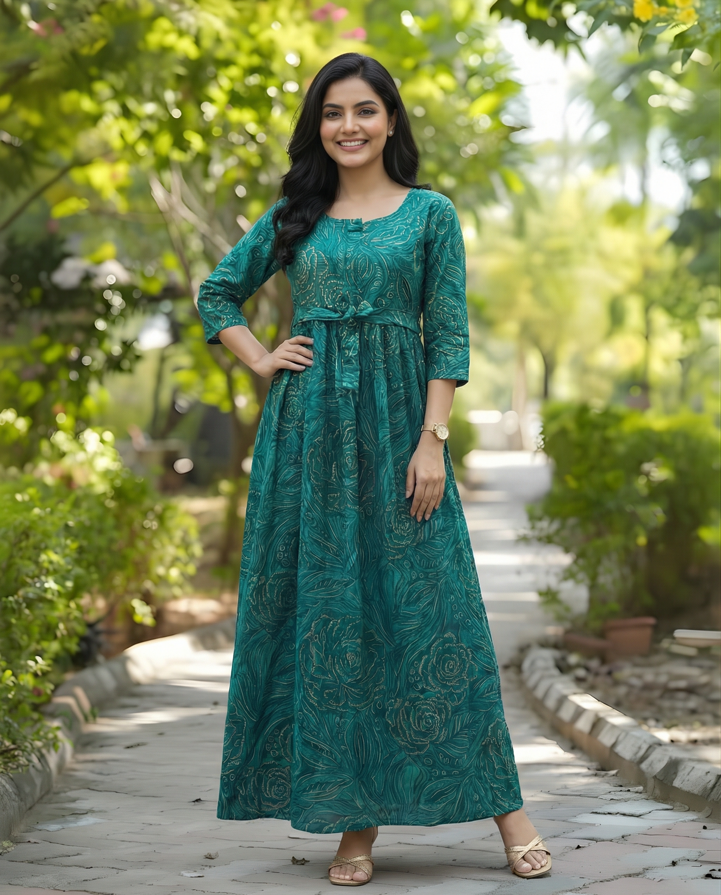 Peacock Blue Rose Gold - Maternity Kurti with Feeding Zips - Soft Rayon