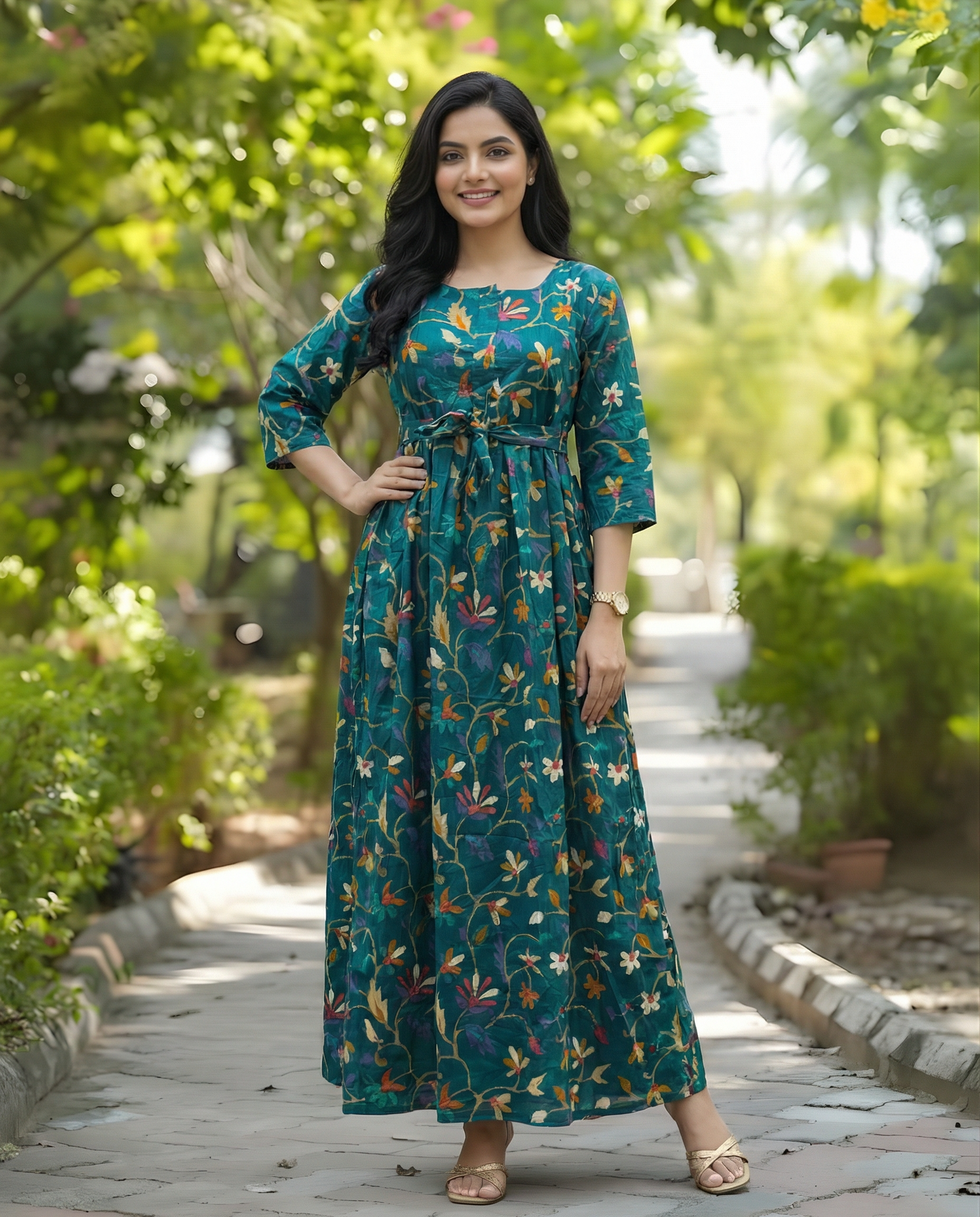 Sea Green Daisy - Maternity Kurti with Feeding Zips - Cotton Flex - Thicker Fabric