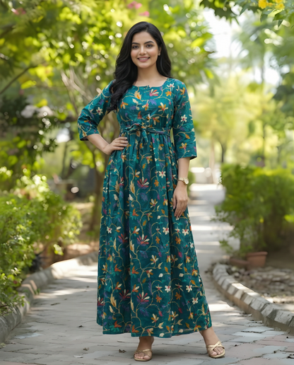 Sea Green Daisy - Maternity Kurti with Feeding Zips - Cotton Flex - Thicker Fabric