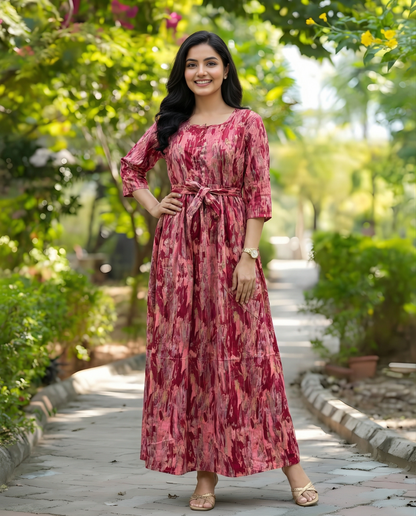 Acrylic Art - Pink - Maternity Kurti with Feeding Zips - Cotton Flex - Thicker Fabric