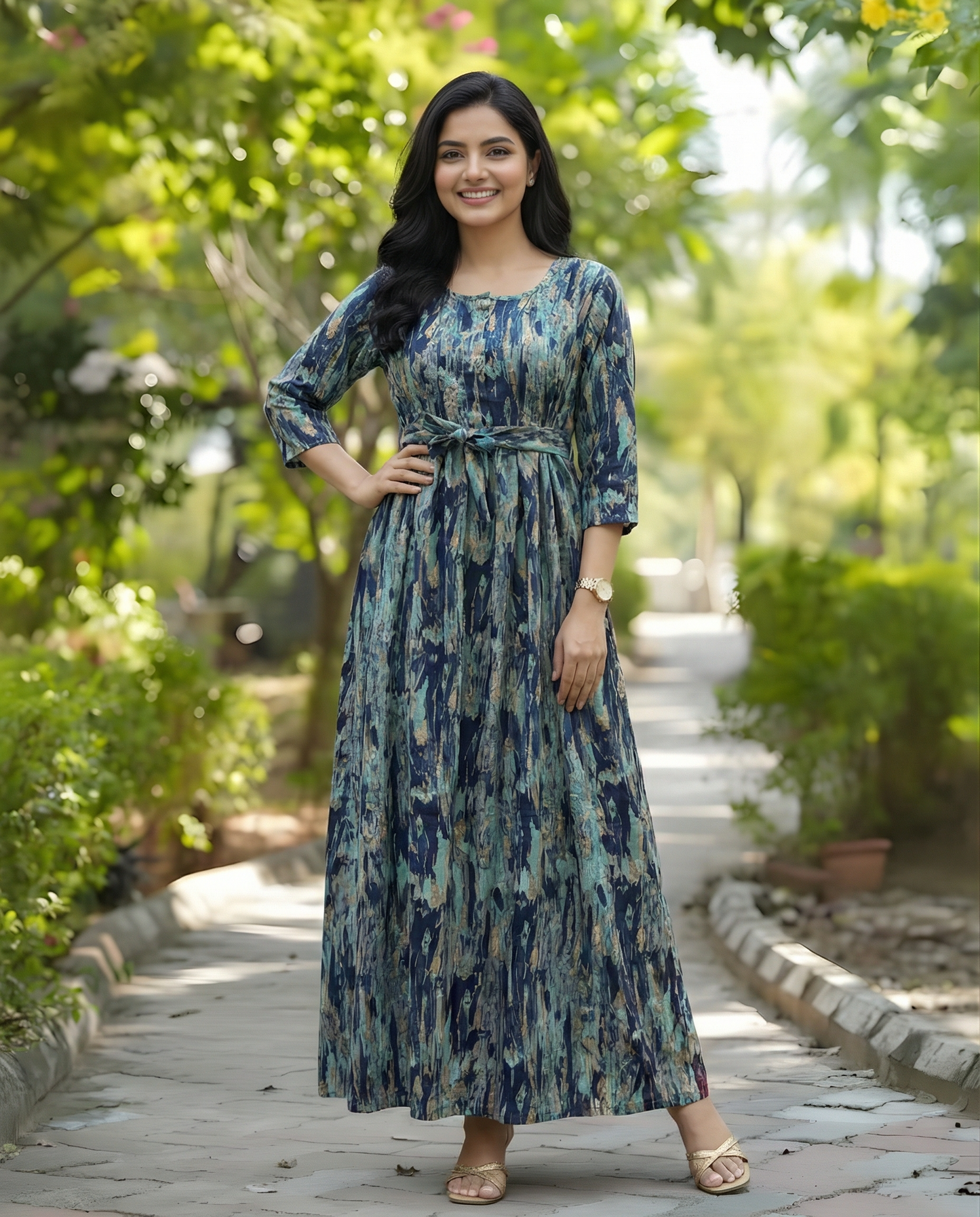 Acrylic Art - Blue - Maternity Kurti with Feeding Zips - Cotton Flex - Thicker Fabric