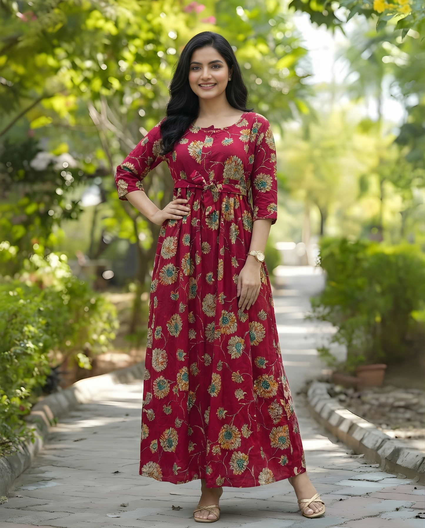 Red Green Sunflower - Maternity Kurti with Feeding Zips - Soft Rayon
