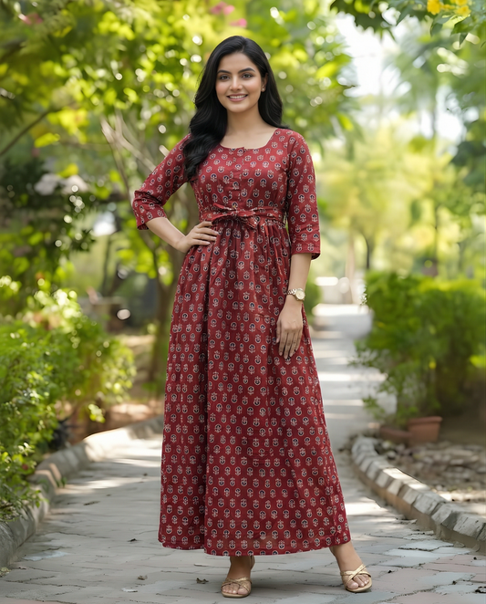 Ajrakh Sunflower - Maroon - Maternity Kurti with Feeding Zips - Cotton Flex - Thicker Fabric