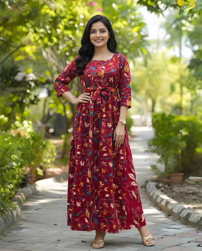 Raani Red Daisy - Maternity Kurti with Feeding Zips - Cotton Flex - Thicker Fabric