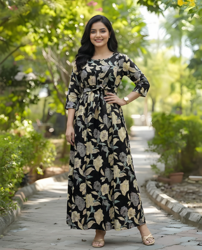 Mix Flower - Black - Maternity Kurti with Feeding Zips - Cotton Flex - Thicker Fabric