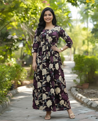 Dark Purple - Mix Flower - Maternity Kurti with Feeding Zips - Cotton Flex - Thicker Fabric
