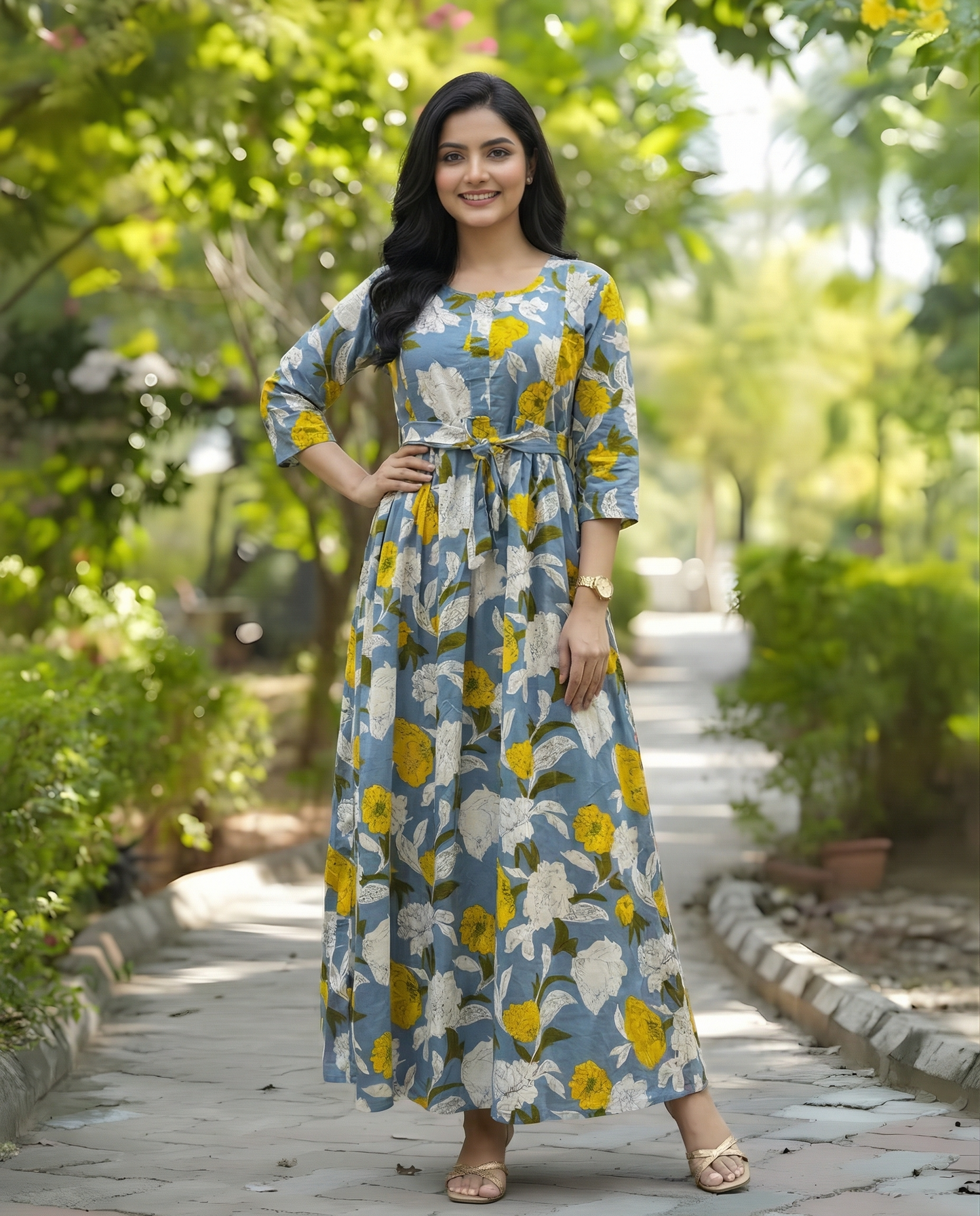 Mix Flower Sky Blue - Maternity Kurti with Feeding Zips - Cotton Flex - Thicker Fabric