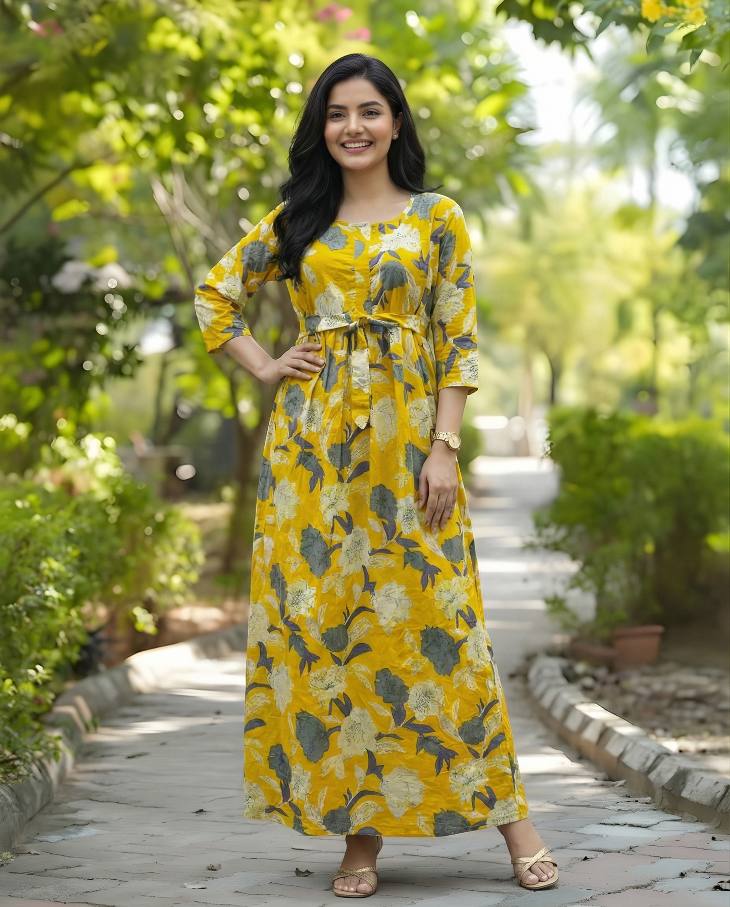 Yellow Mix Flower - Maternity Kurti with Feeding Zips - Cotton Flex - Thicker Fabric