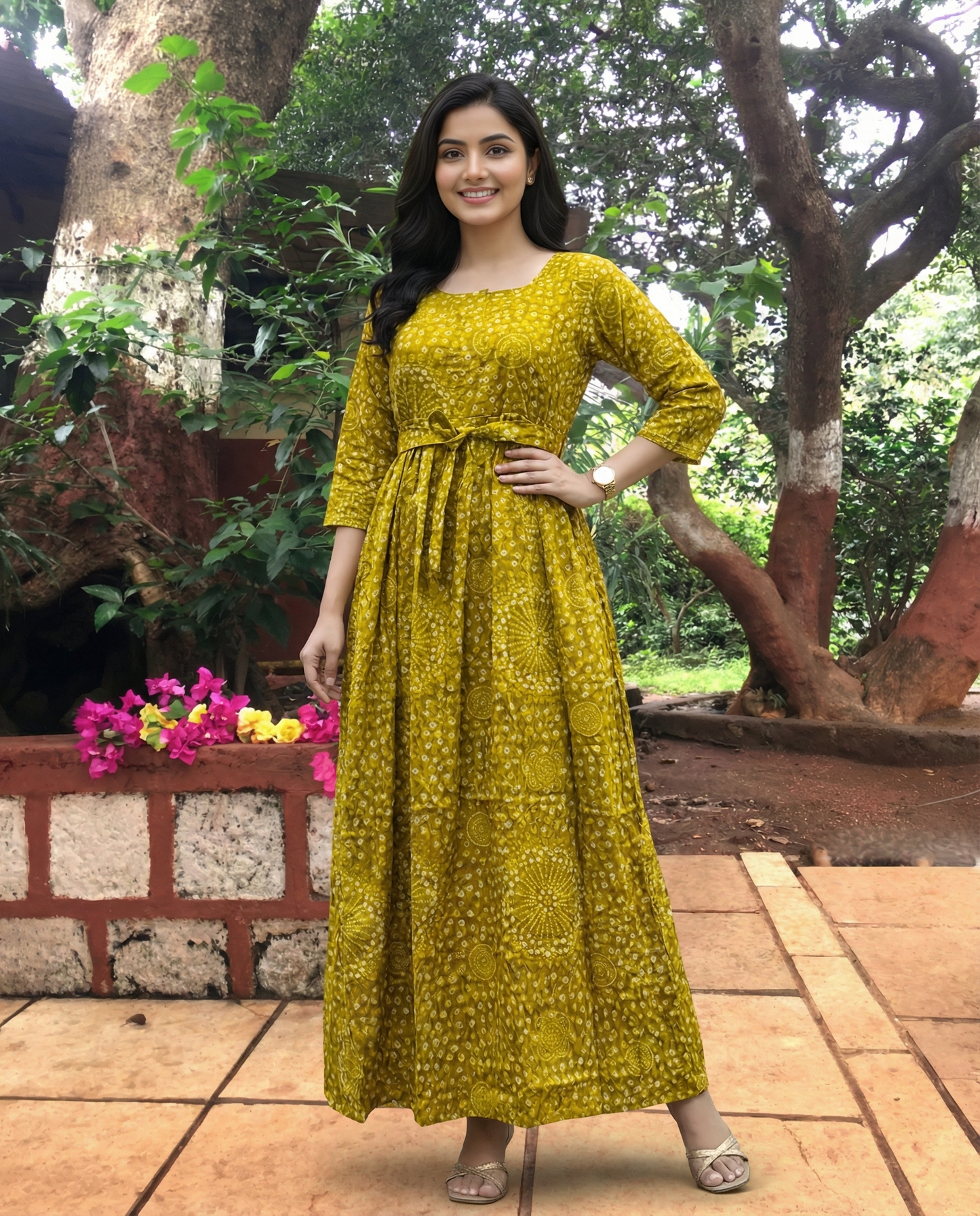 Dessert Yellow Flower Bandhani - Maternity Kurti with Feeding Zips - Soft Rayon