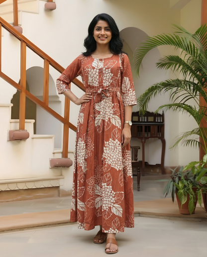 Orange White Big Flower - Maternity Kurti with Feeding Zips - Soft Rayon