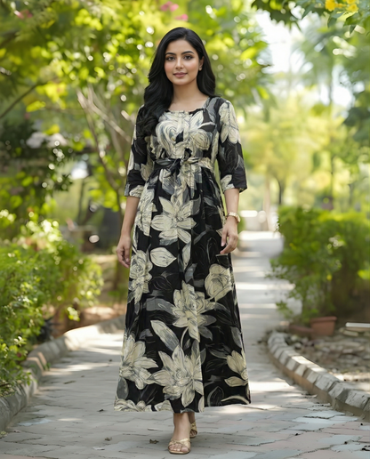Black Cream Rose - Maternity Kurti with Feeding Zips - Soft Rayon